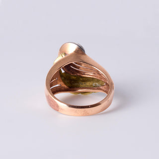 Retro Tri Gold Leaf Ring | Rose Cut Diamonds in 18K Yellow, White & Rose Gold
