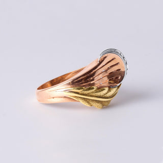 Retro Tri Gold Leaf Ring | Rose Cut Diamonds in 18K Yellow, White & Rose Gold