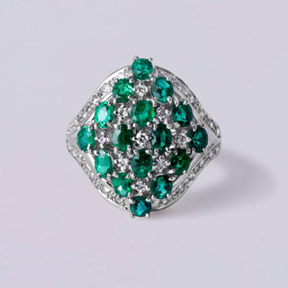 Vintage Platinum Emerald and Diamond Cluster Cocktail Ring