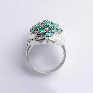 Vintage Platinum Emerald and Diamond Cluster Cocktail Ring