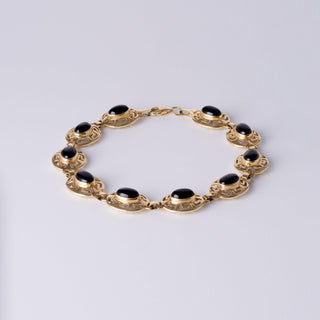14K Yellow Gold Onyx Greek Pattern Bezel Set Chain Link Bracelet