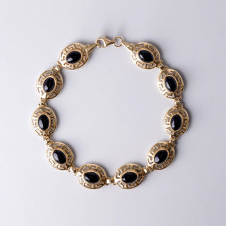 14K Yellow Gold Onyx Greek Pattern Bezel Set Chain Link Bracelet