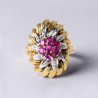 Italian Vintage Gold Pink Sapphire & Diamond Ring  18K Two-Tone Gold