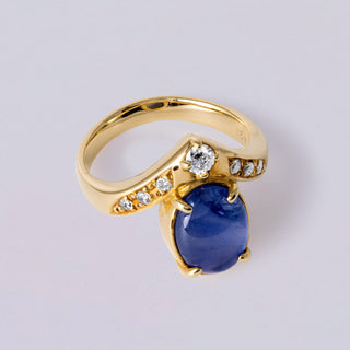 Vintage Sapphire and Diamond Tiara Ring  4.21ct Oval Sapphire  18K Yellow Gold