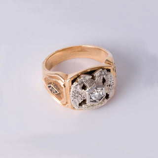 14K Gold Masonic Ring | Double Eagle Head | 0.18ct Old European Cut Diamond