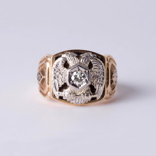 14K Gold Masonic Ring | Double Eagle Head | 0.18ct Old European Cut Diamond