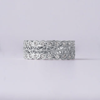 Elegant 18K White Gold Filigree Diamond Band | 0.64 Carat Pavé Set Wide Band