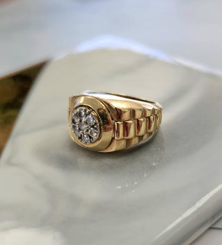 Diamond Presidential Rolex Style Cluster Ring 14K Yellow Gold Pinky Ring