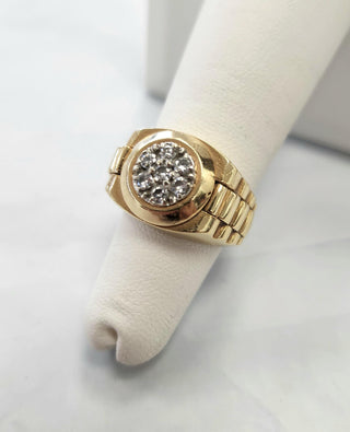 Diamond Presidential Rolex Style Cluster Ring 14K Yellow Gold Pinky Ring