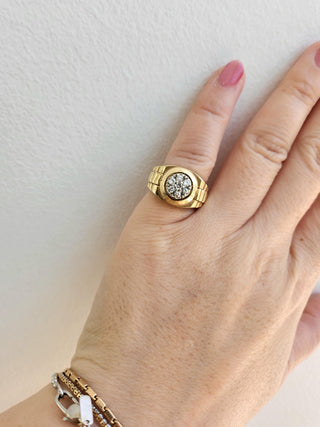 Diamond Presidential Rolex Style Cluster Ring 14K Yellow Gold Pinky Ring