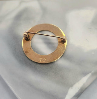 Vintage Circle Brooch Roses and Leaves Engraved 14K Yellow Gold