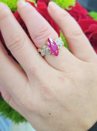 Vintage 2.53 Carat Elongated Ruby Marquise  and Diamond Ring 18K Yellow Gold
