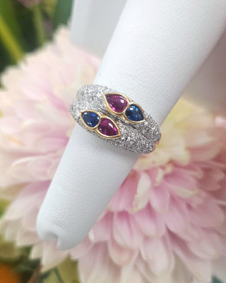 Ruby and Sapphire Pear shape Cabochon and Double Row Pave Diamond Ring Band, 18K