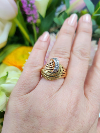 Retro Tri Gold Leaf Ring | Rose Cut Diamonds in 18K Yellow, White & Rose Gold