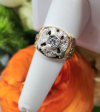14K Gold Masonic Ring | Double Eagle Head | 0.18ct Old European Cut Diamond