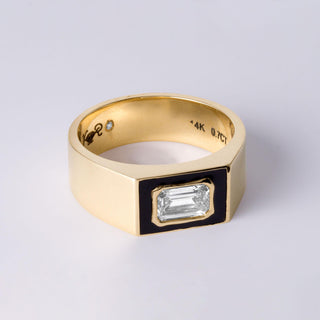 0.70 Carat Emerald Cut Diamond Black Enamel Bezel Set 14K Yellow Gold Cigar Ring