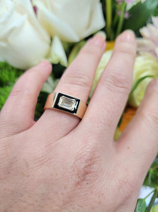 0.70 Carat Emerald Cut Diamond Black Enamel Bezel Set 14K Yellow Gold Cigar Ring