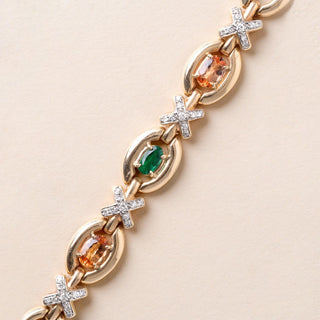 Vintage 14K Gold Emerald, Imperial Topaz & Diamond X Link Bracelet