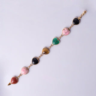 Vintage 14k Gold Multi-Gemstone Scarab Heart Bracelet - Onyx, Carnelian