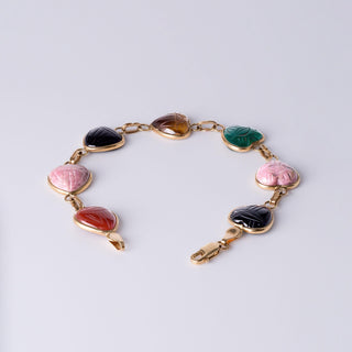 Vintage 14k Gold Multi-Gemstone Scarab Heart Bracelet - Onyx, Carnelian