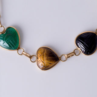Vintage 14k Gold Multi-Gemstone Scarab Heart Bracelet - Onyx, Carnelian