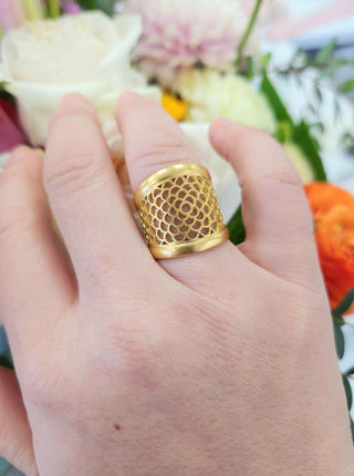 Bold 22K Floral Cut-Out Wide Band Ring – Matte Gold Statement Piece