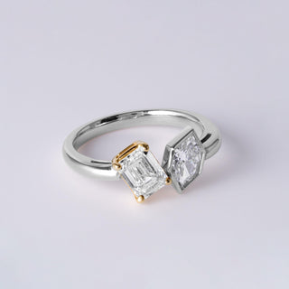 14K 2Tone Toi et Moi 1.31 Carats Kite and Emerald Cut Diamond Bezel Set Ring