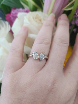 14K 2Tone Toi et Moi 1.31 Carats Kite and Emerald Cut Diamond Bezel Set Ring
