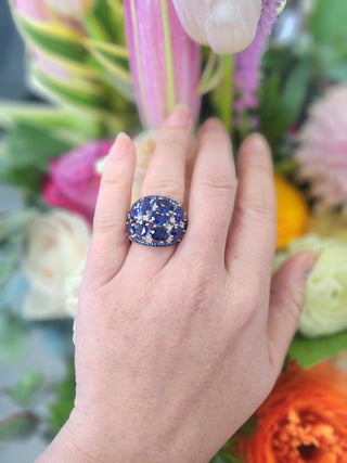 18K Gold 11 Carats Royal Blue Sapphire and Diamond Dome Cocktail Ring