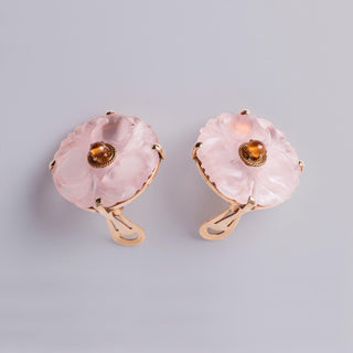 Vintage Floral Carved Rose Quartz & Citrine Clip-On Earrings in 14K Yellow Gold