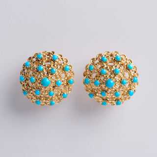 Vintage Italian Turquoise Dome French Lever Back 18K Yellow Gold Earrings