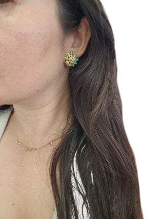 Vintage Italian Turquoise Dome French Lever Back 18K Yellow Gold Earrings
