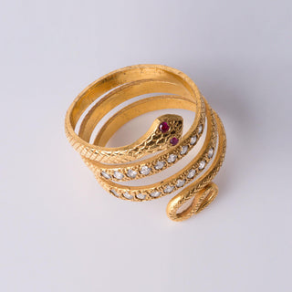 Diamond and Ruby Eyes Serpent Wrap Around Ring 21K Yellow Gold