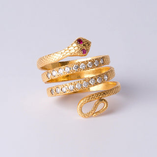 Diamond and Ruby Eyes Serpent Wrap Around Ring 21K Yellow Gold