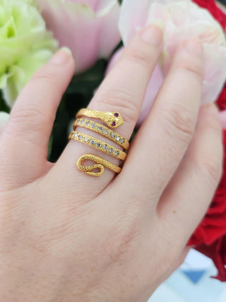 Diamond and Ruby Eyes Serpent Wrap Around Ring 21K Yellow Gold