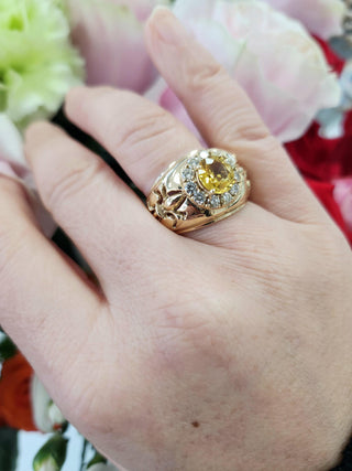 Fleur de Lis 2 Carat Yellow Sapphire and Diamond Statement Ring 14K Yellow Gold