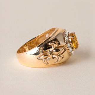 Fleur de Lis 2 Carat Yellow Sapphire and Diamond Statement Ring 14K Yellow Gold