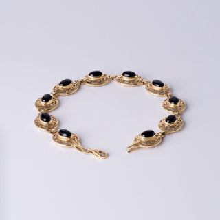 14K Yellow Gold Onyx Greek Pattern Bezel Set Chain Link Bracelet
