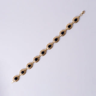 14K Yellow Gold Onyx Greek Pattern Bezel Set Chain Link Bracelet