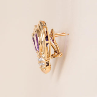 14K Gold Royal Purple Amethyst and Diamond French Lever Back 90's Earrings