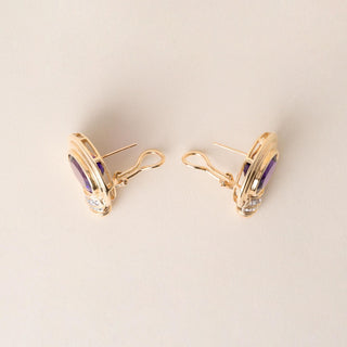 14K Gold Royal Purple Amethyst and Diamond French Lever Back 90's Earrings
