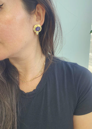 14K Gold Royal Purple Amethyst and Diamond French Lever Back 90's Earrings