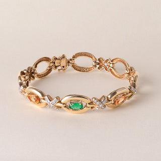 Vintage 14K Gold Emerald, Imperial Topaz & Diamond X Link Bracelet