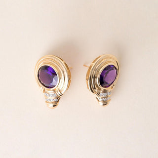 14K Gold Royal Purple Amethyst and Diamond French Lever Back 90's Earrings