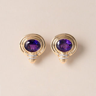 14K Gold Royal Purple Amethyst and Diamond French Lever Back 90's Earrings
