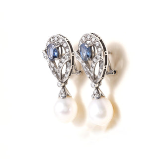 Vintage 18K White Gold Sapphire Diamond and Pearl Drop Earrings