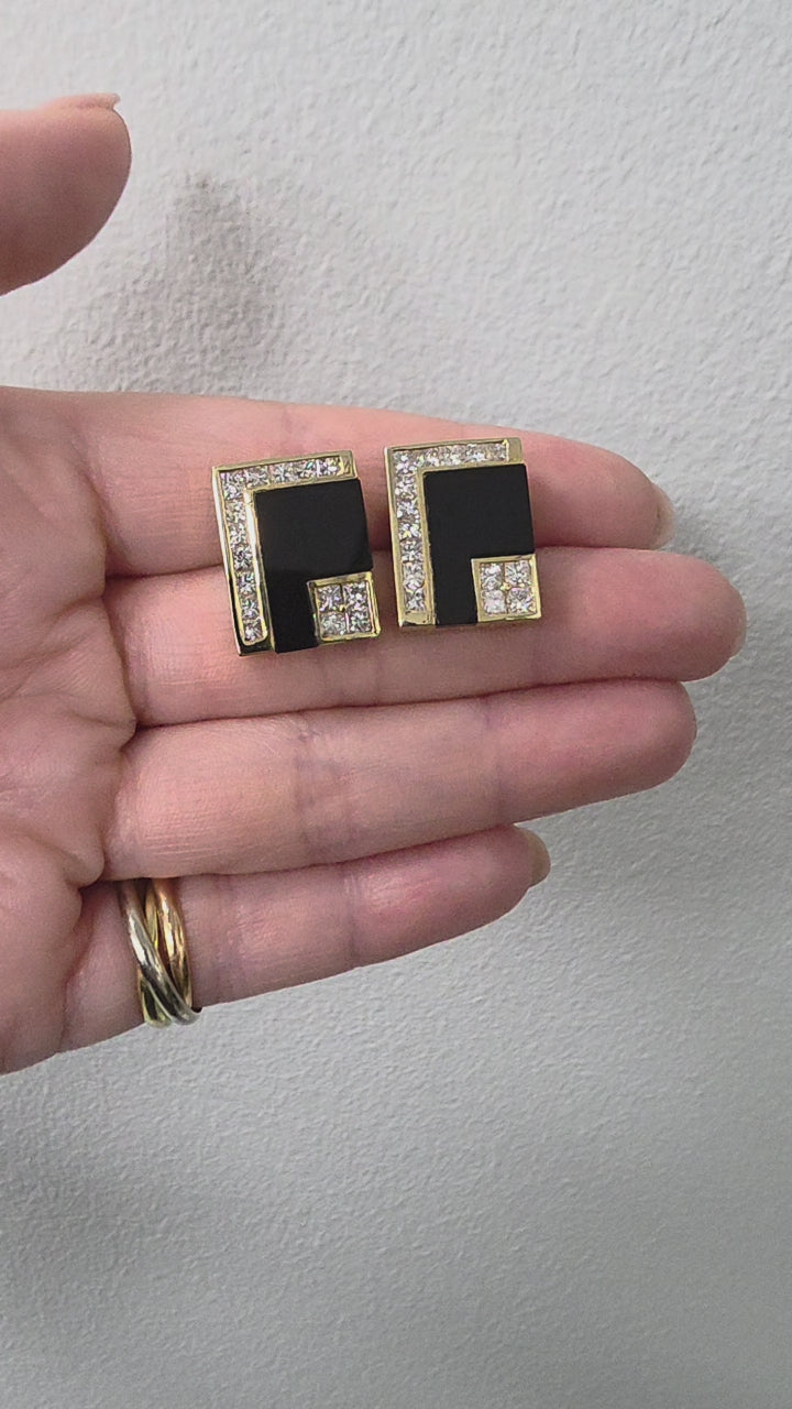 Estate 14K Gold Onyx and Diamond Rectangular Stud Earrings