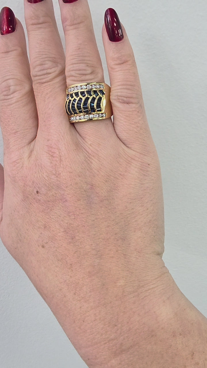 Vintage 18K Gold Sapphire Baguette Wave Channel Set Diamond Wide Band Ring