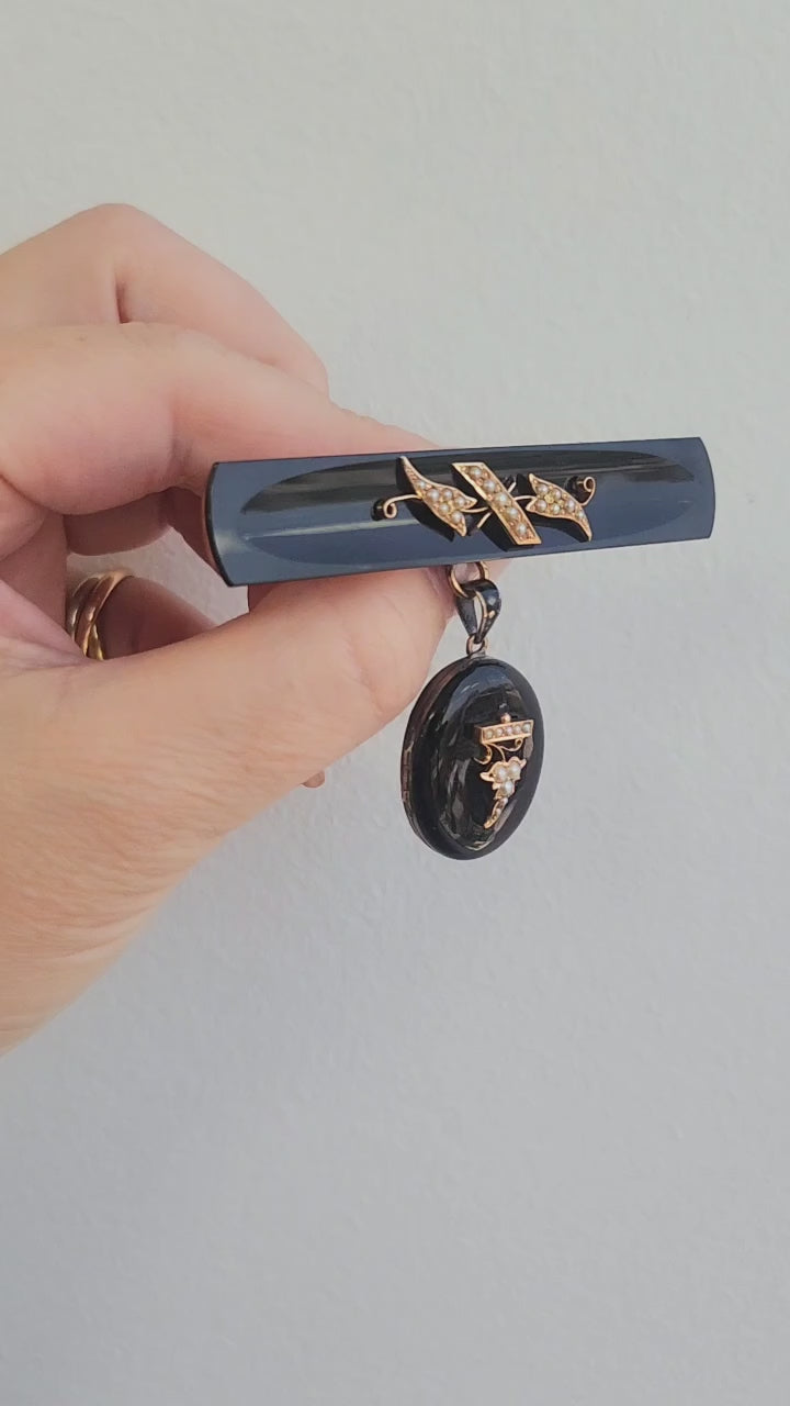 Antique Victorian Mourning Brooch Seed Pearl and Carved Onyx Locket 14K Gold