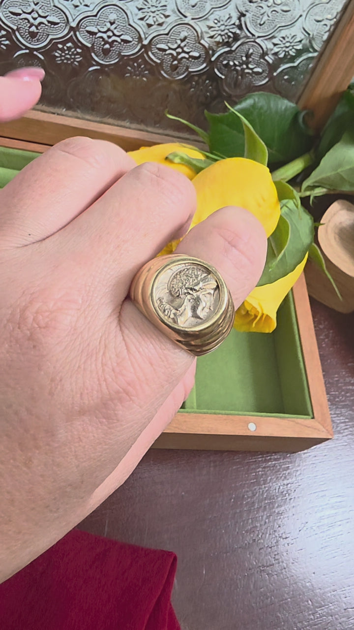 Vintage 14K Gold Augusta Caesar Roman Coin Wide Band Ring